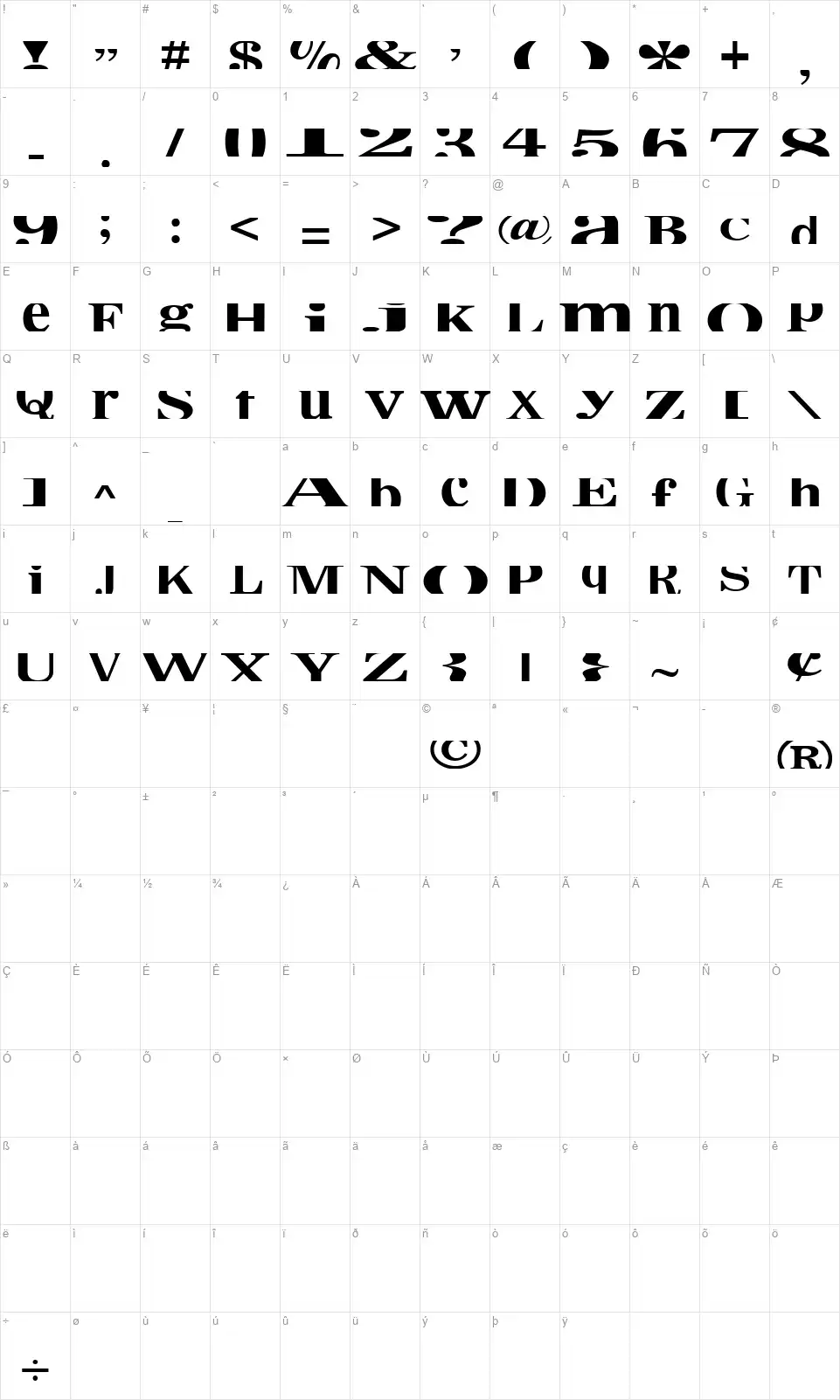 CropFont Xtrafont character map
