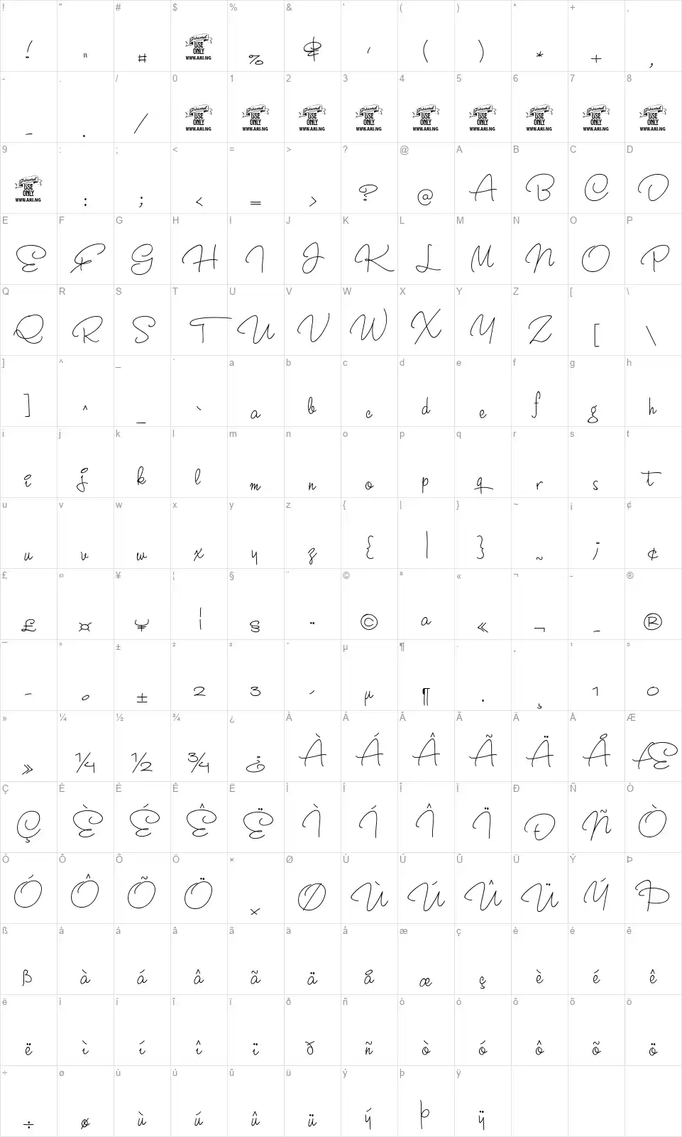 Crunchyfont character map