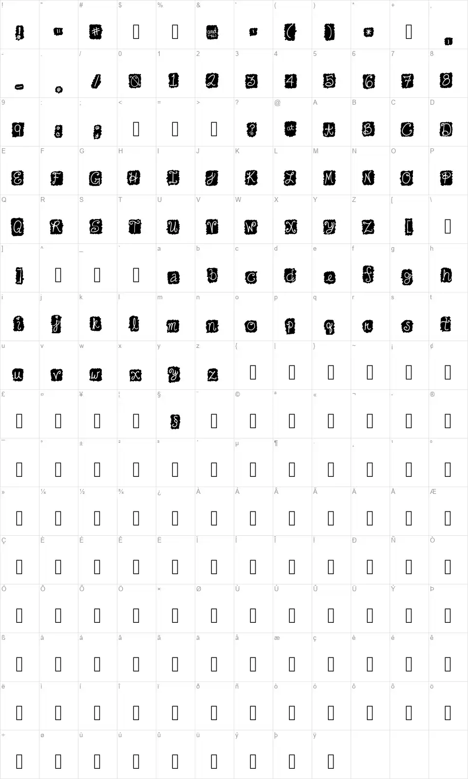 Cute Cursive Blackoutfont character map
