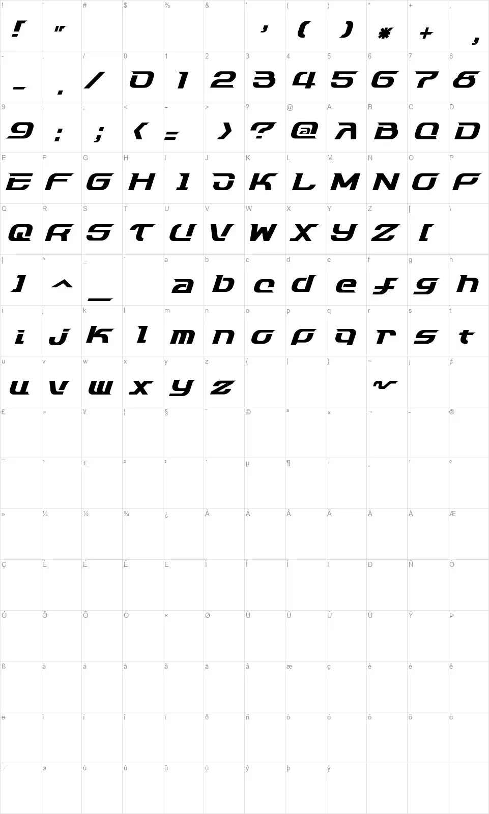 Dash 9812font character map