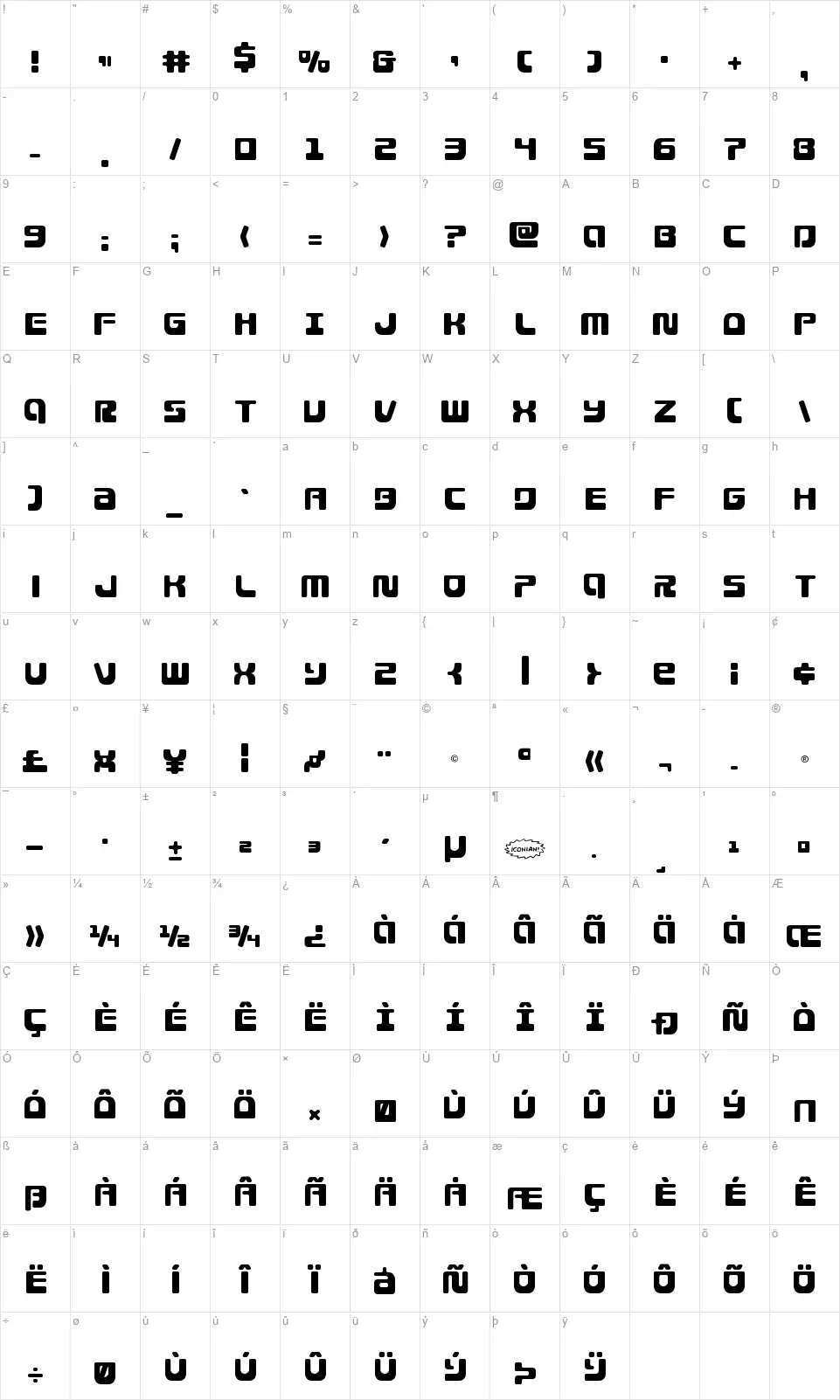 Deacon Bluesfont character map