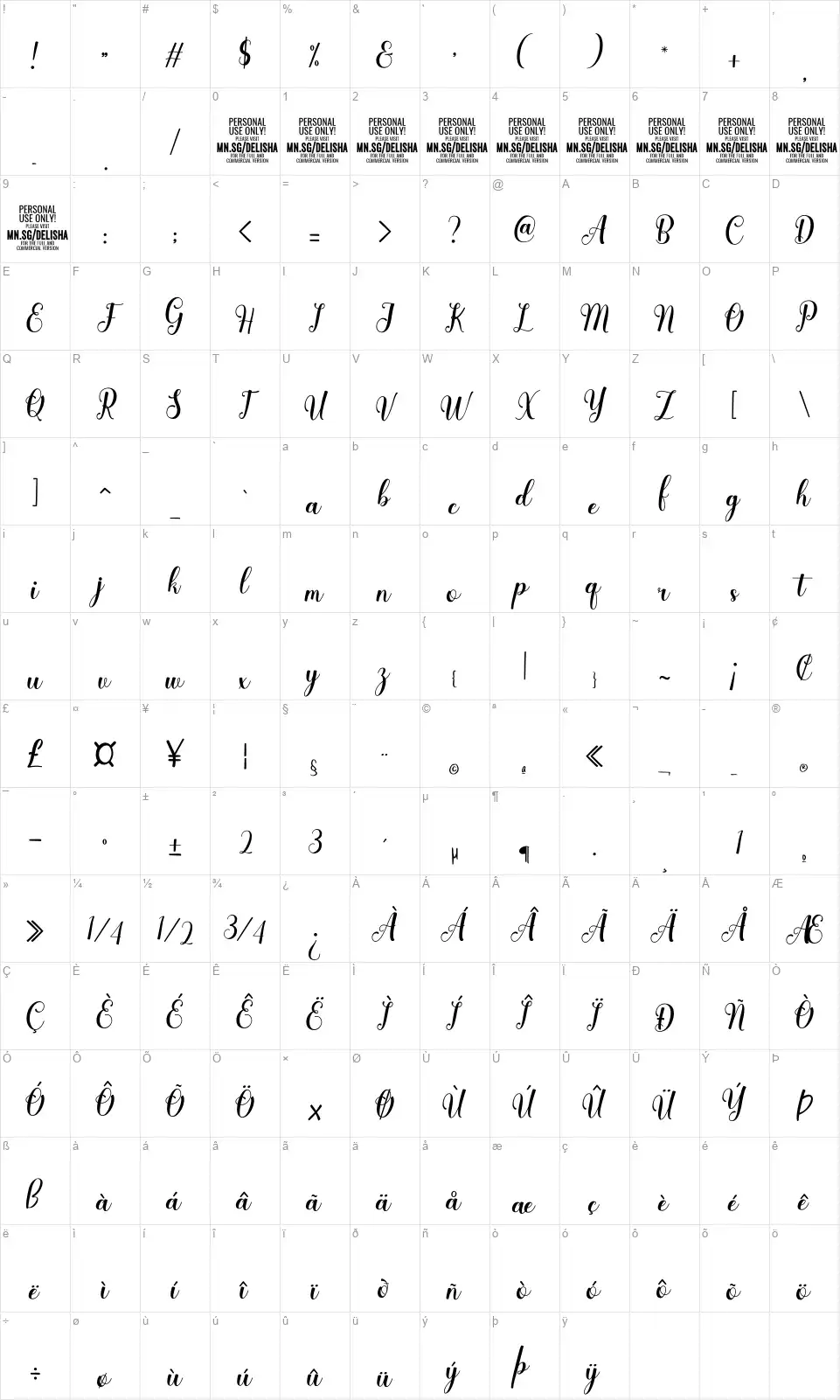 Delisha Veganfont character map