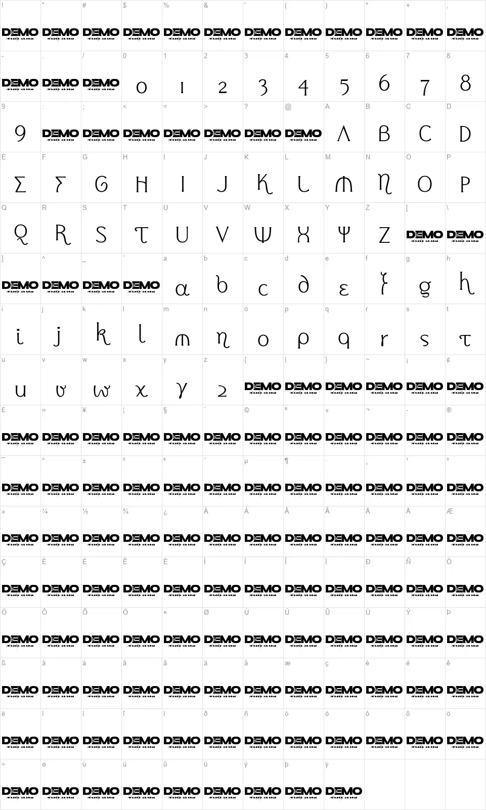 Delugionalfont character map