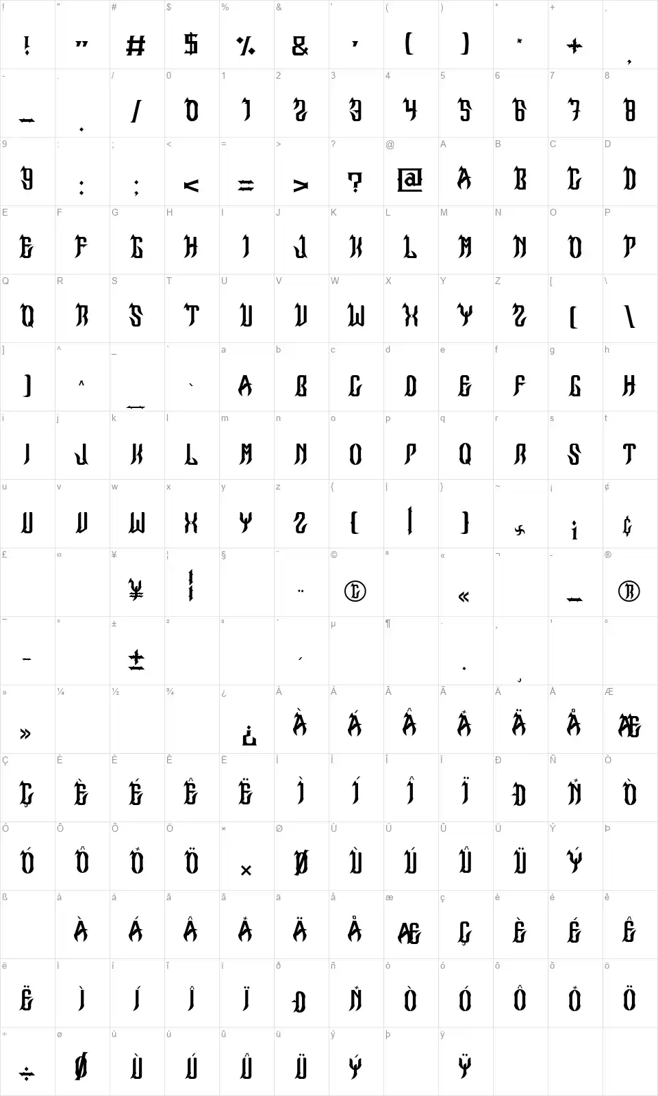 Demon Wingsfont character map