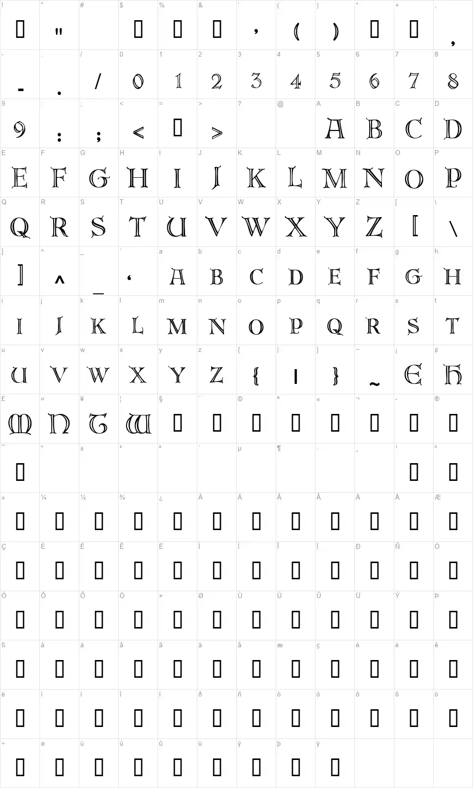 DeRoos Capsfont character map