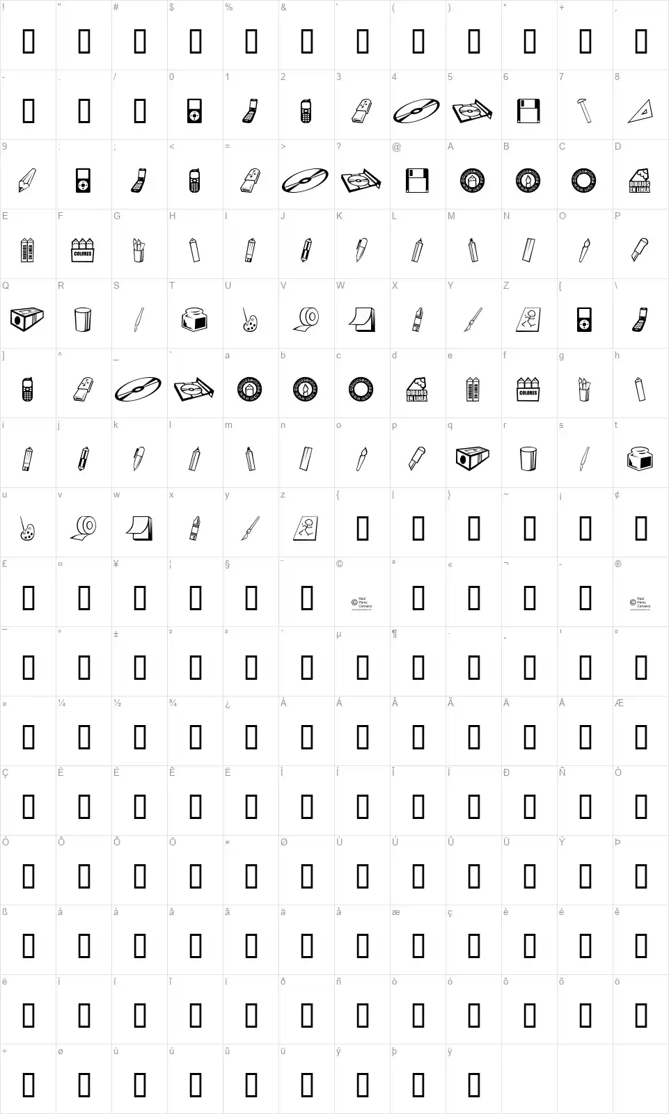 Dibujos en Lineafont character map