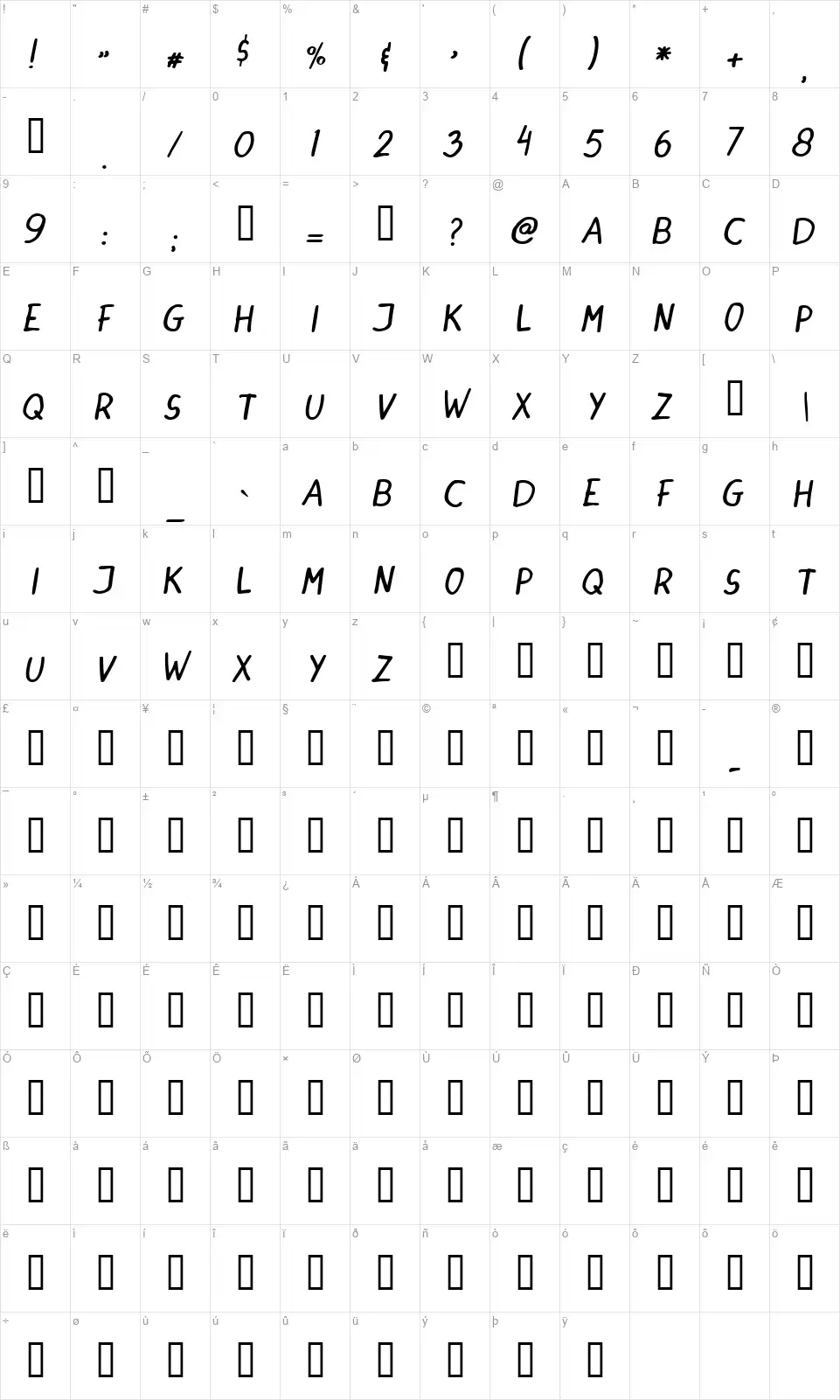 Dinski Casual Handwritingfont character map