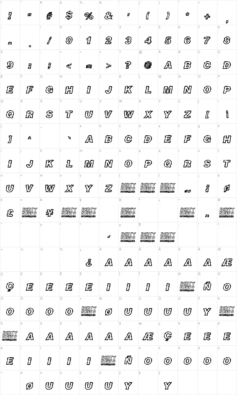 Dirty Newsfont character map