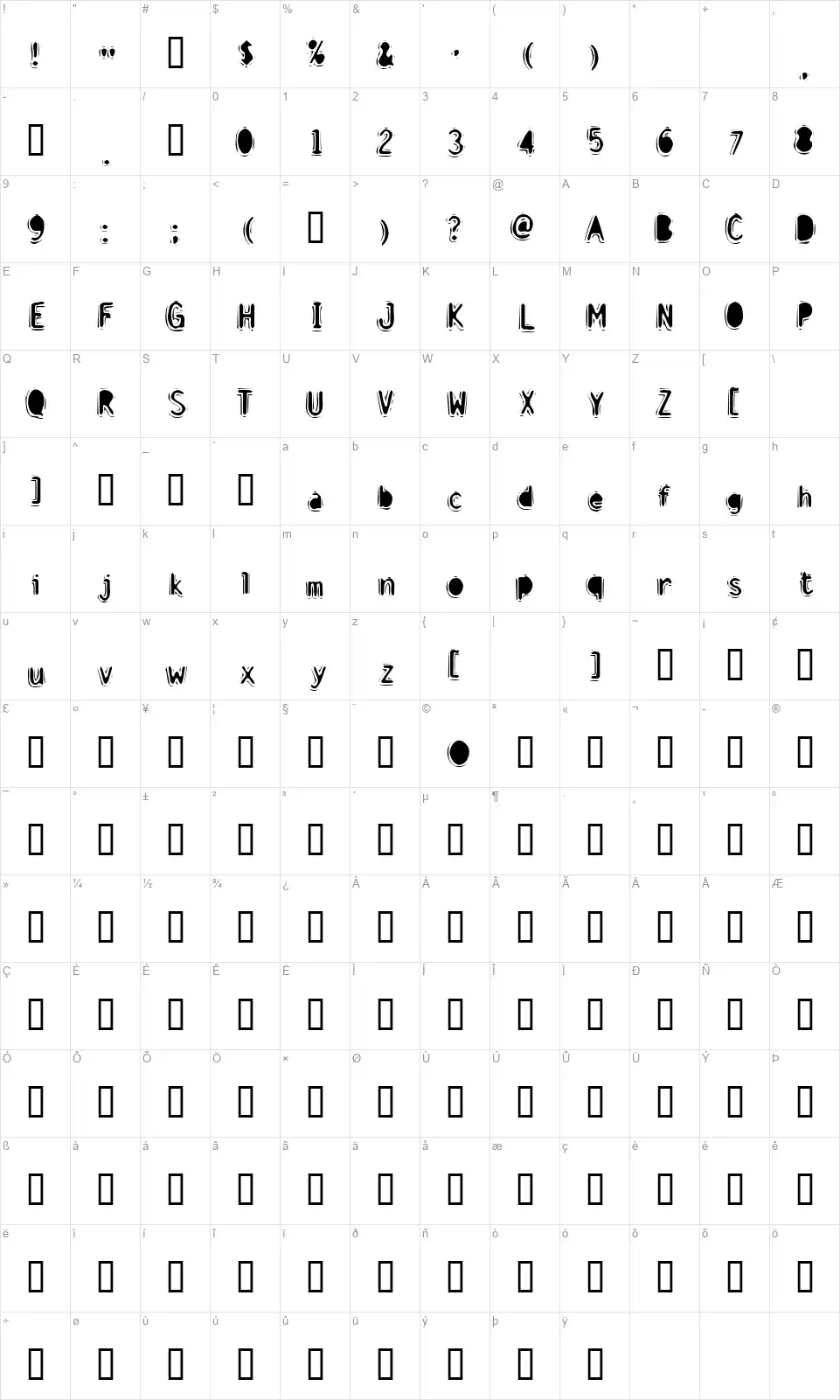 Discount Infernofont character map