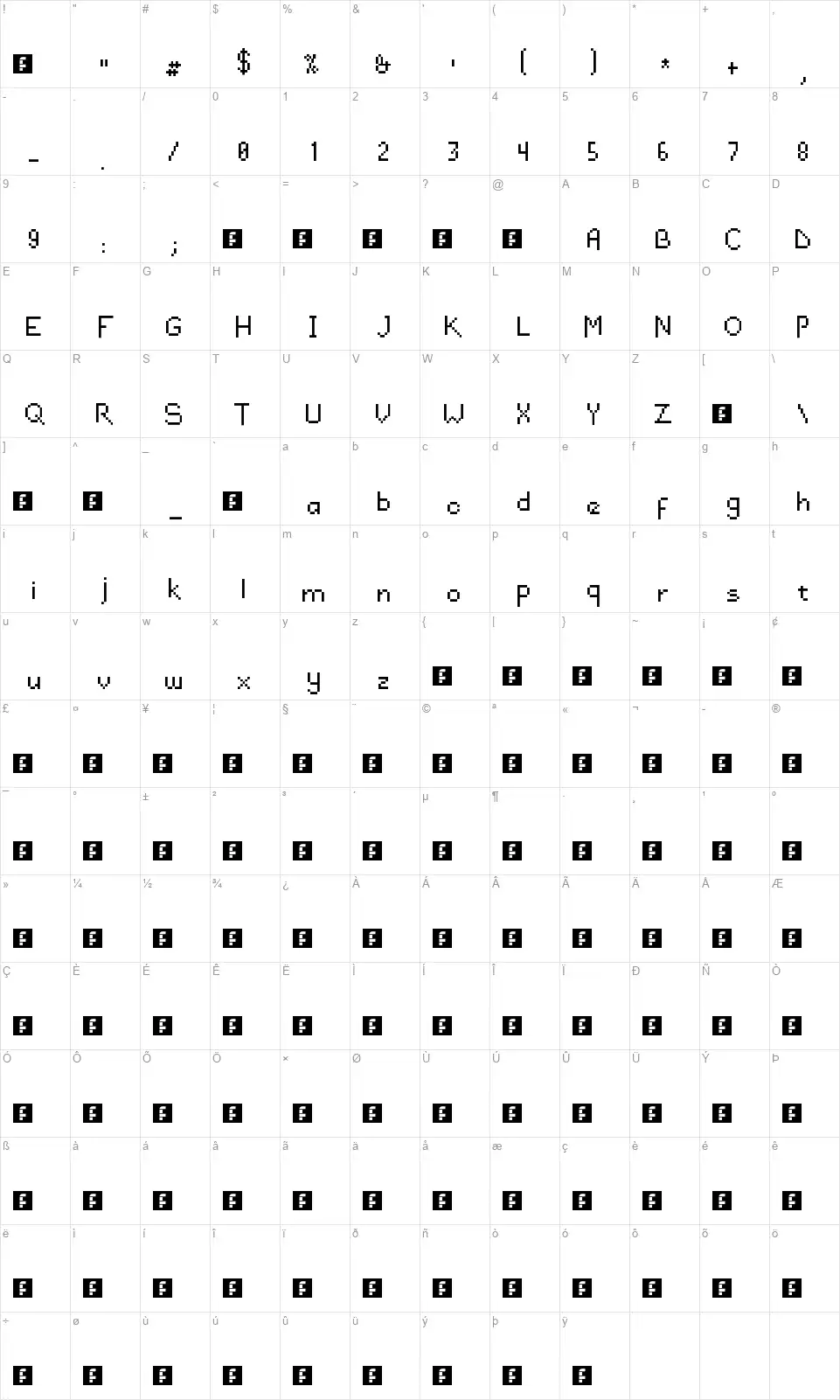 DraconianPixelsRegularfont character map