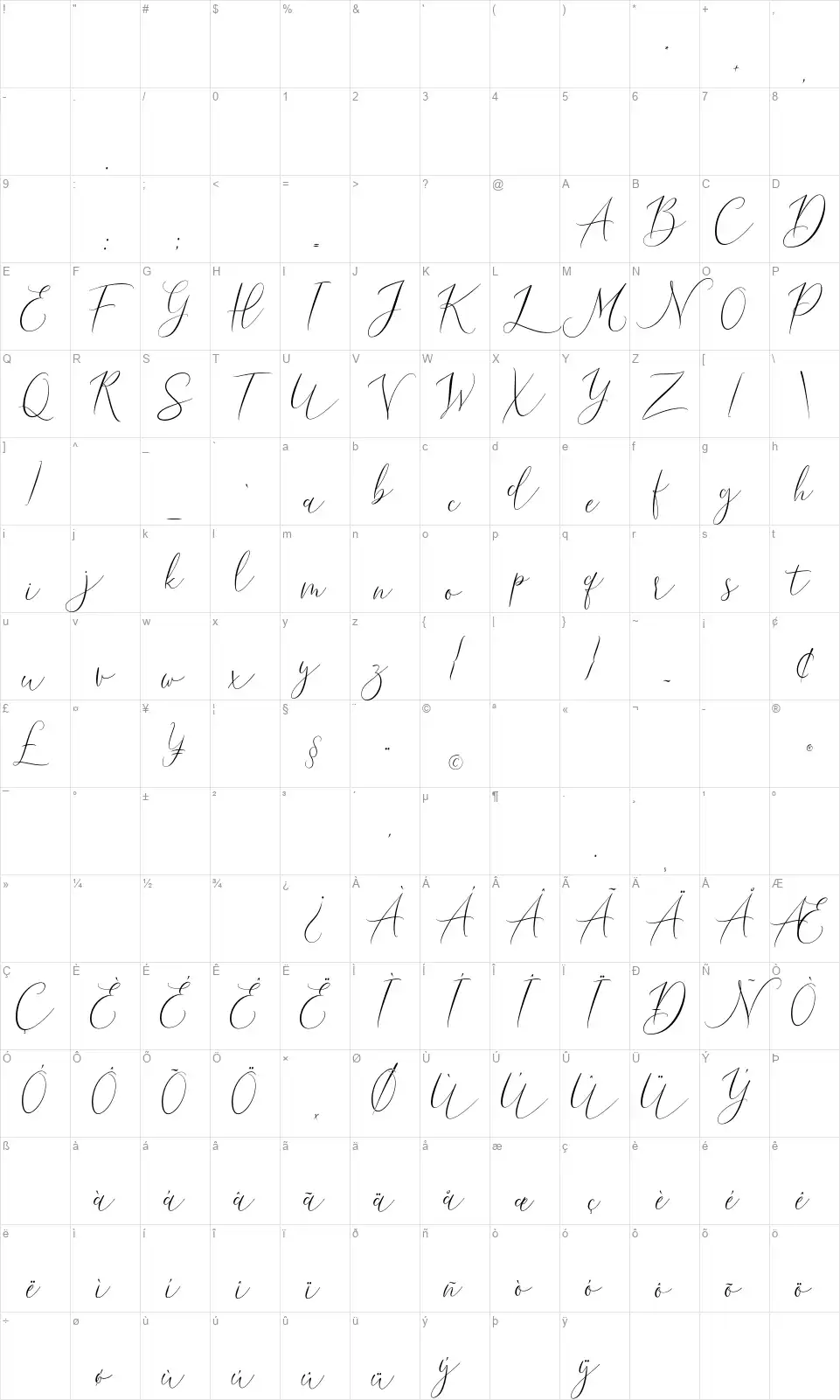 Dream Lavigne Scriptfont character map
