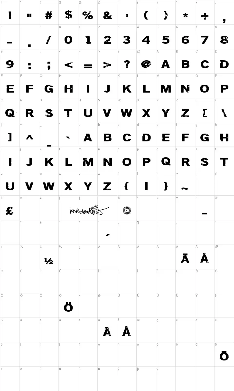 Dsiodrerfont character map