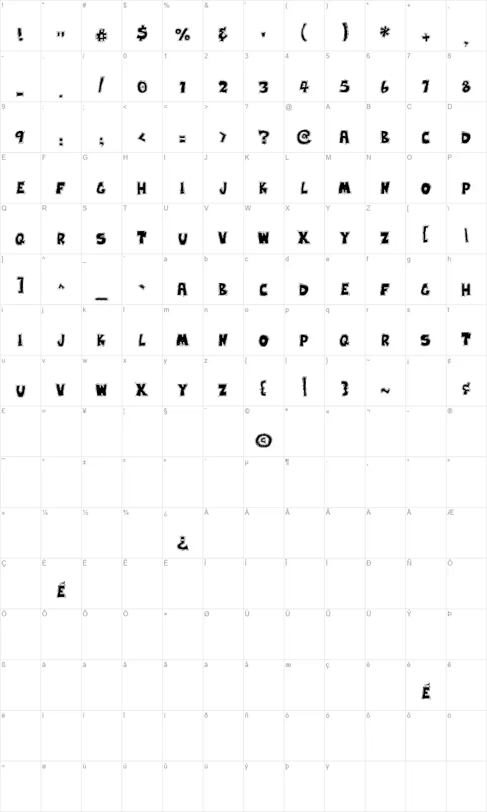 Earwax Witfont character map