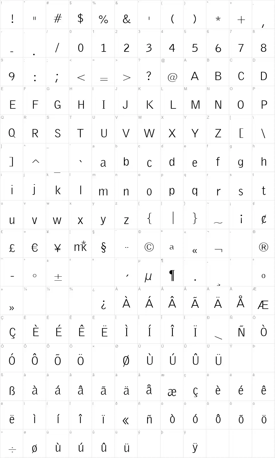 Emka Sans Condensedfont character map