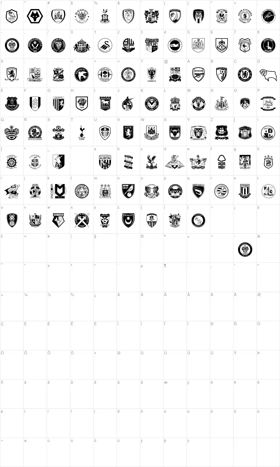 English Football Club Badgesfont character map