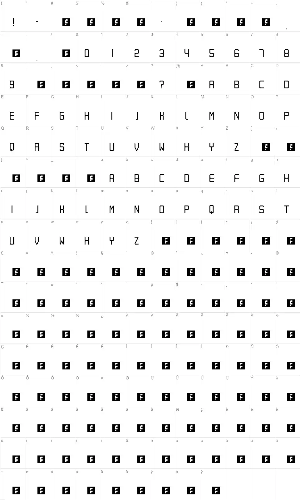 Eretfont character map