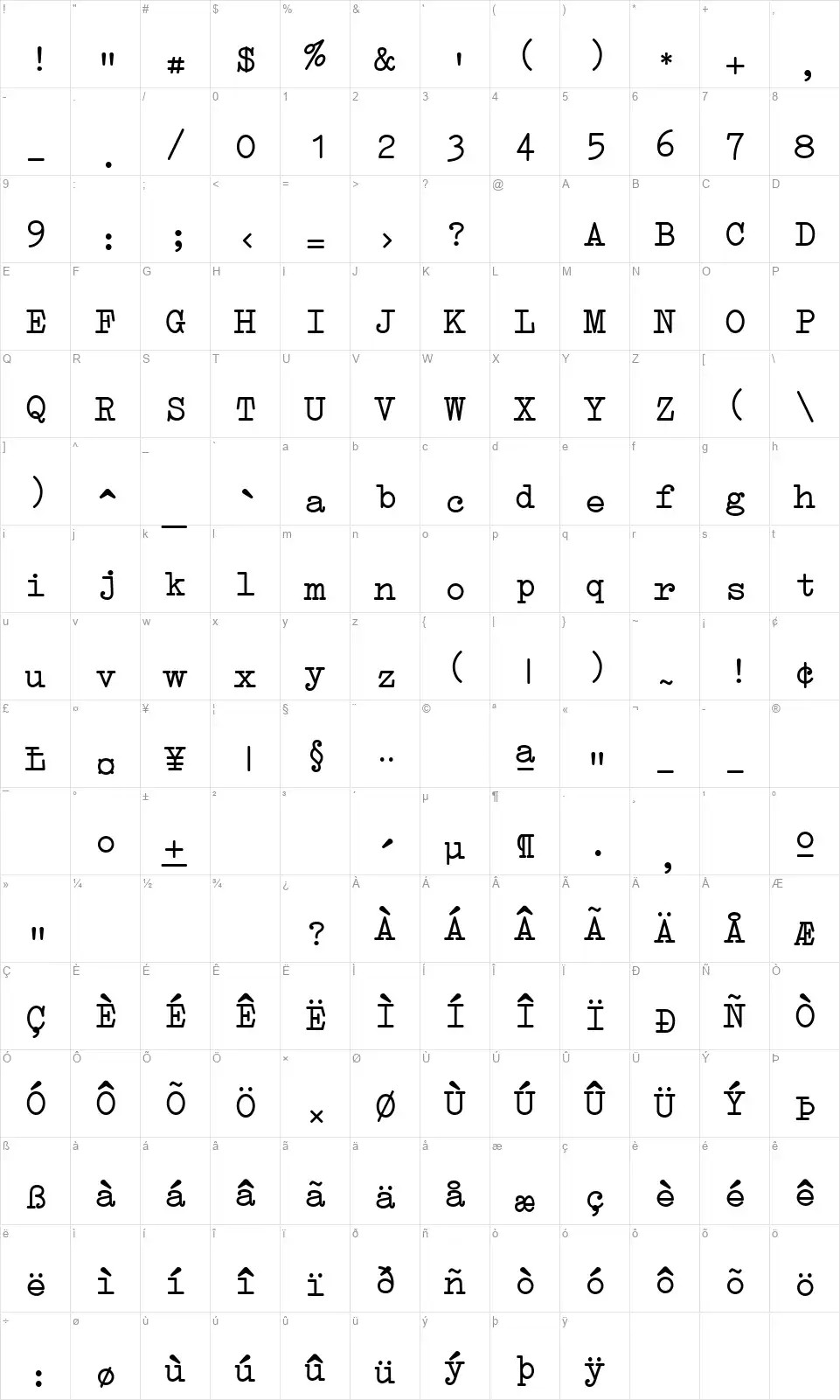 Erika Typefont character map