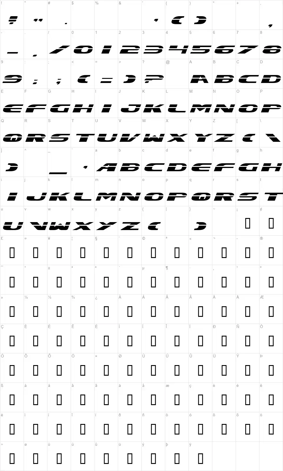 Exceleratefont character map
