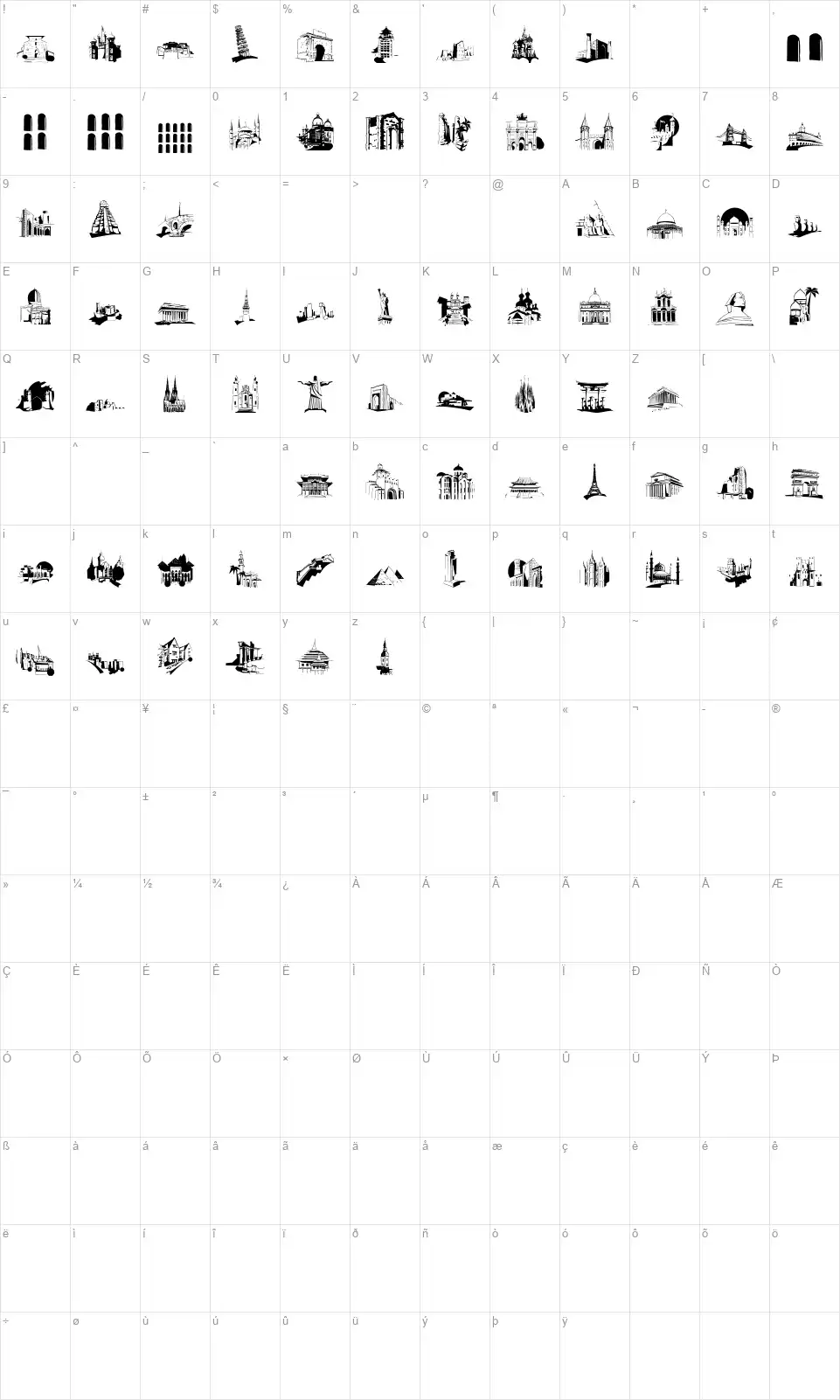 Famous Buildingsfont character map