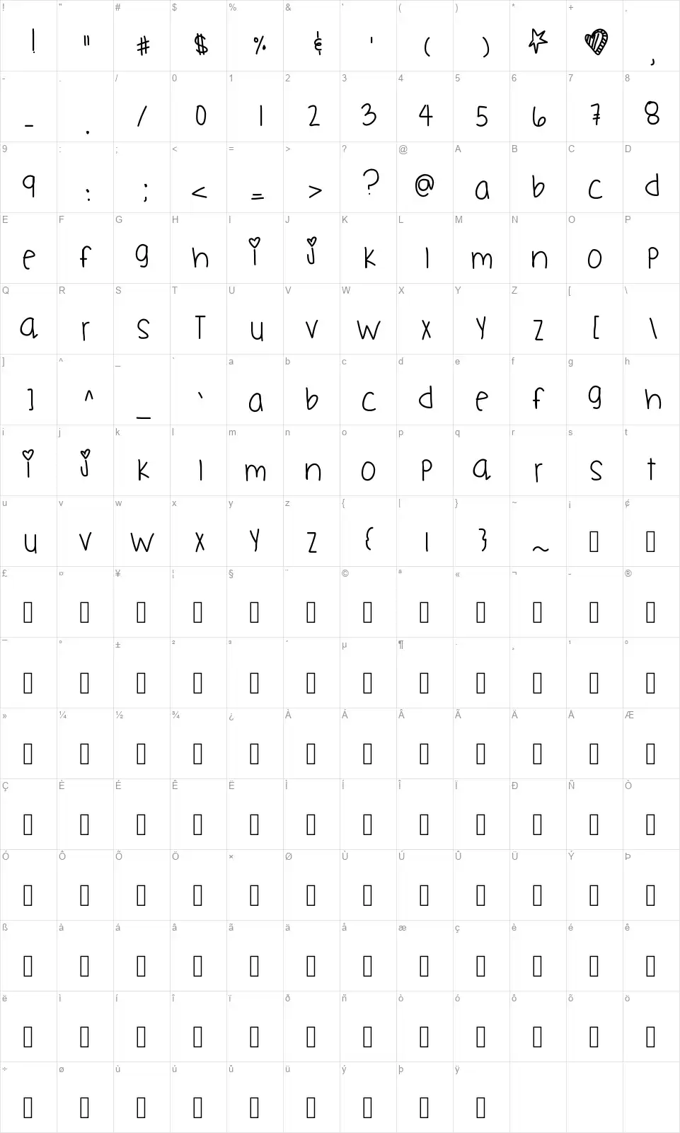 Fly Knitfont character map