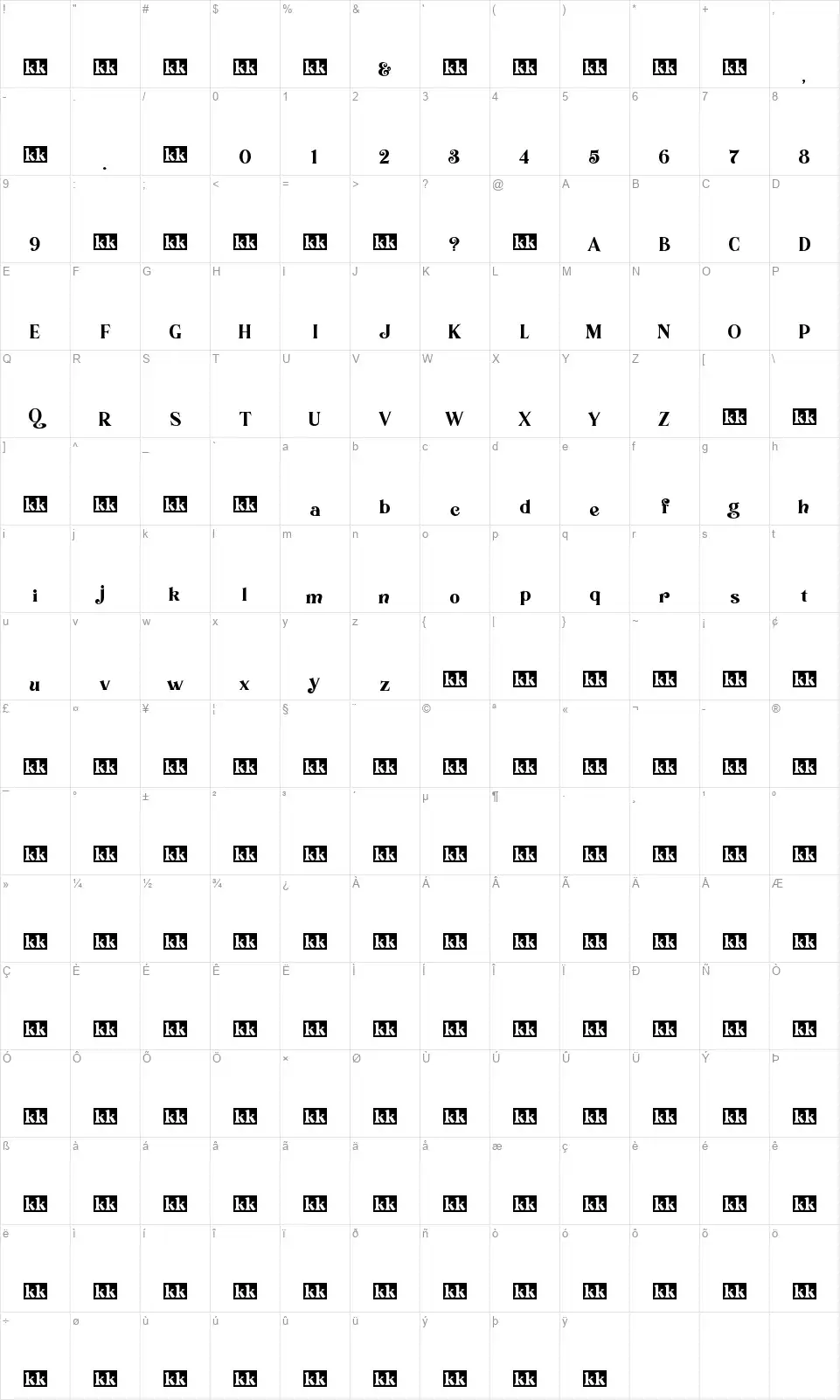 Foldnickfont character map