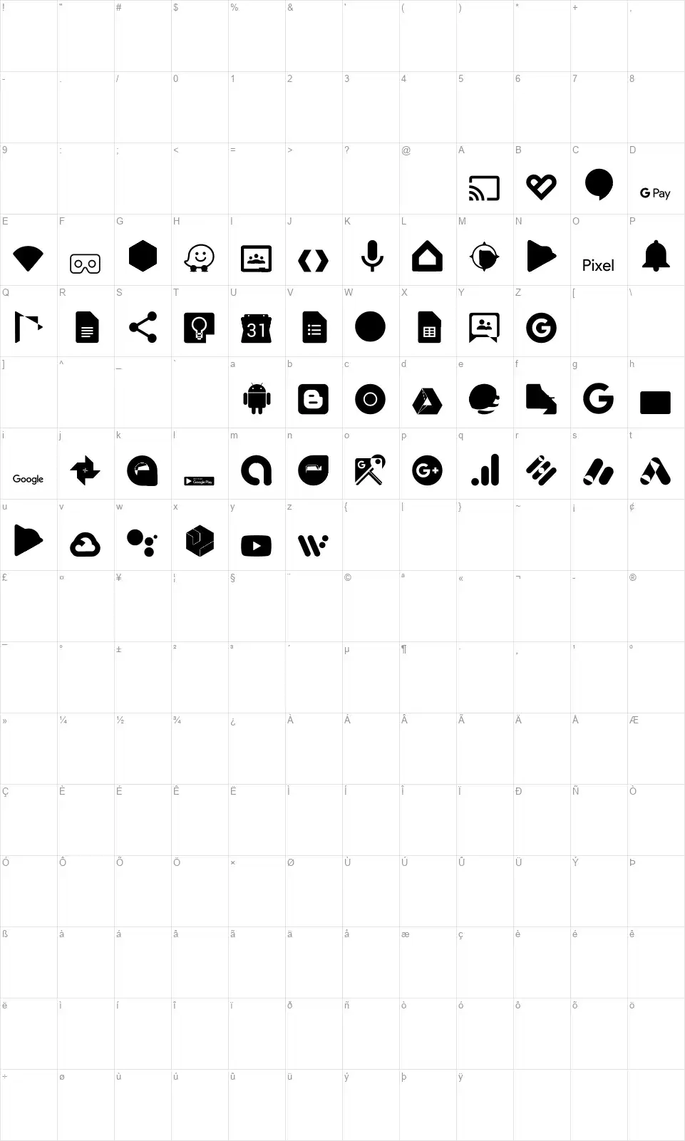 Font Google Colorfont character map