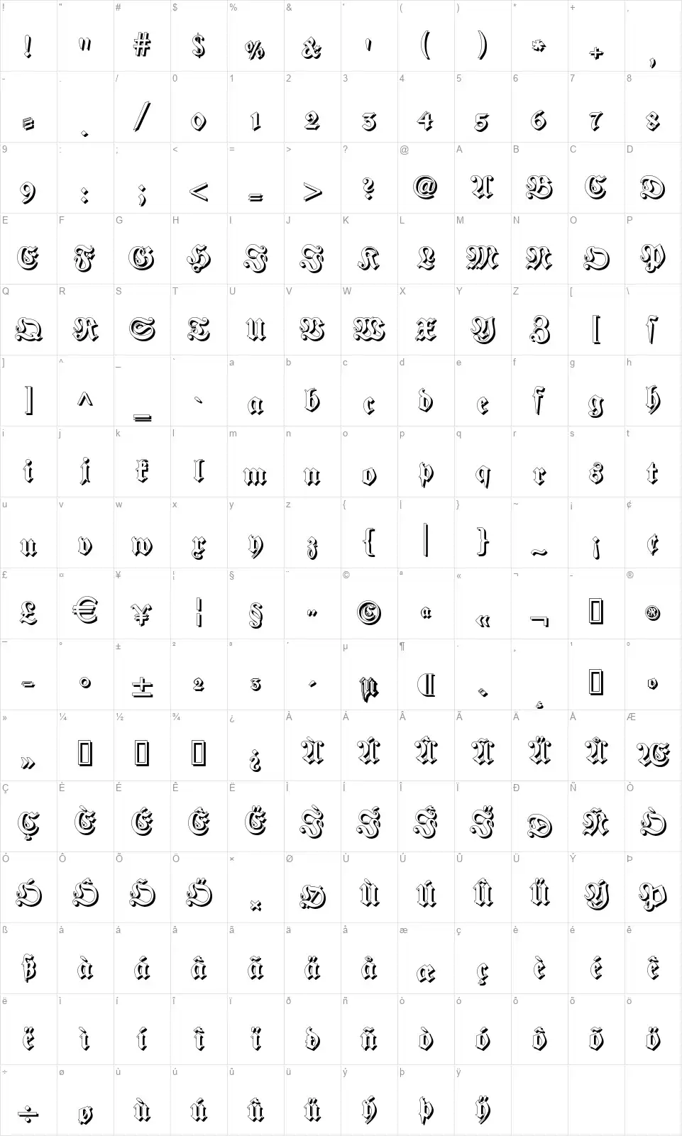 Fraktur Shadowedfont character map