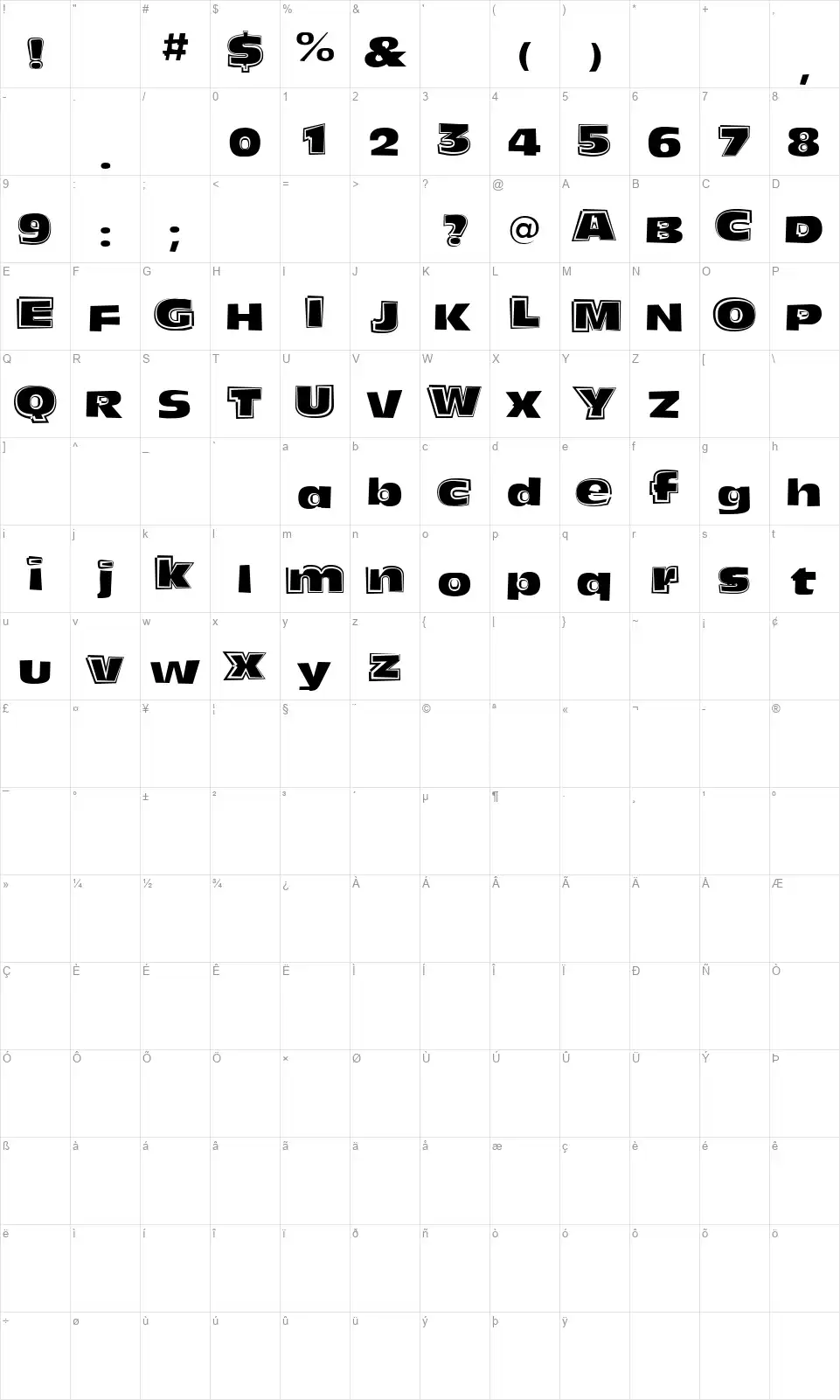 Funky Olivefont character map