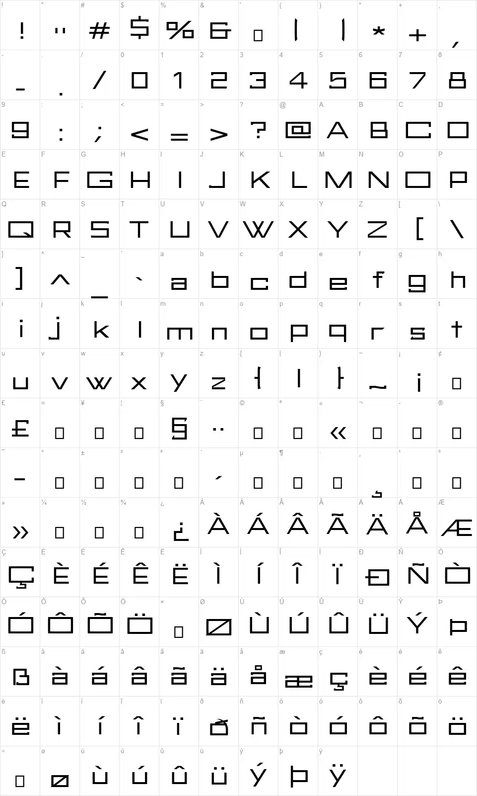 FuturBlockfont character map