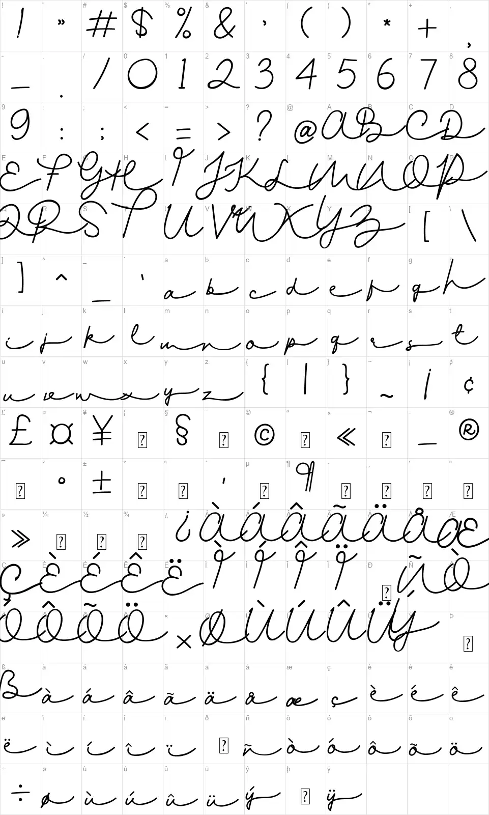 Gladys Scriptfont character map