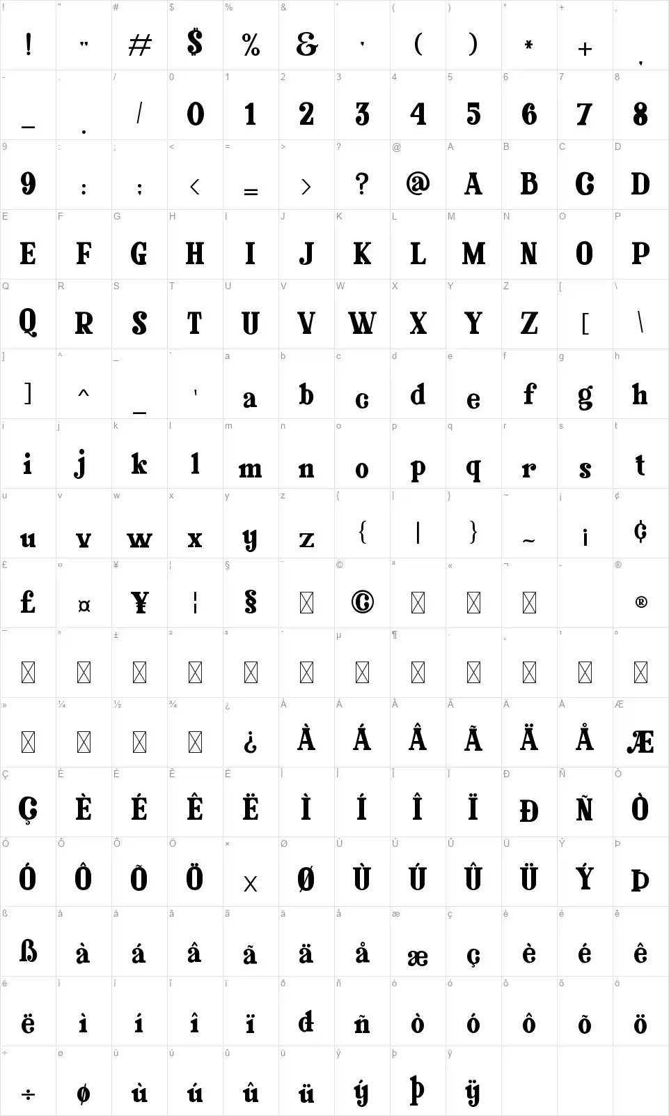 Glasterfont character map