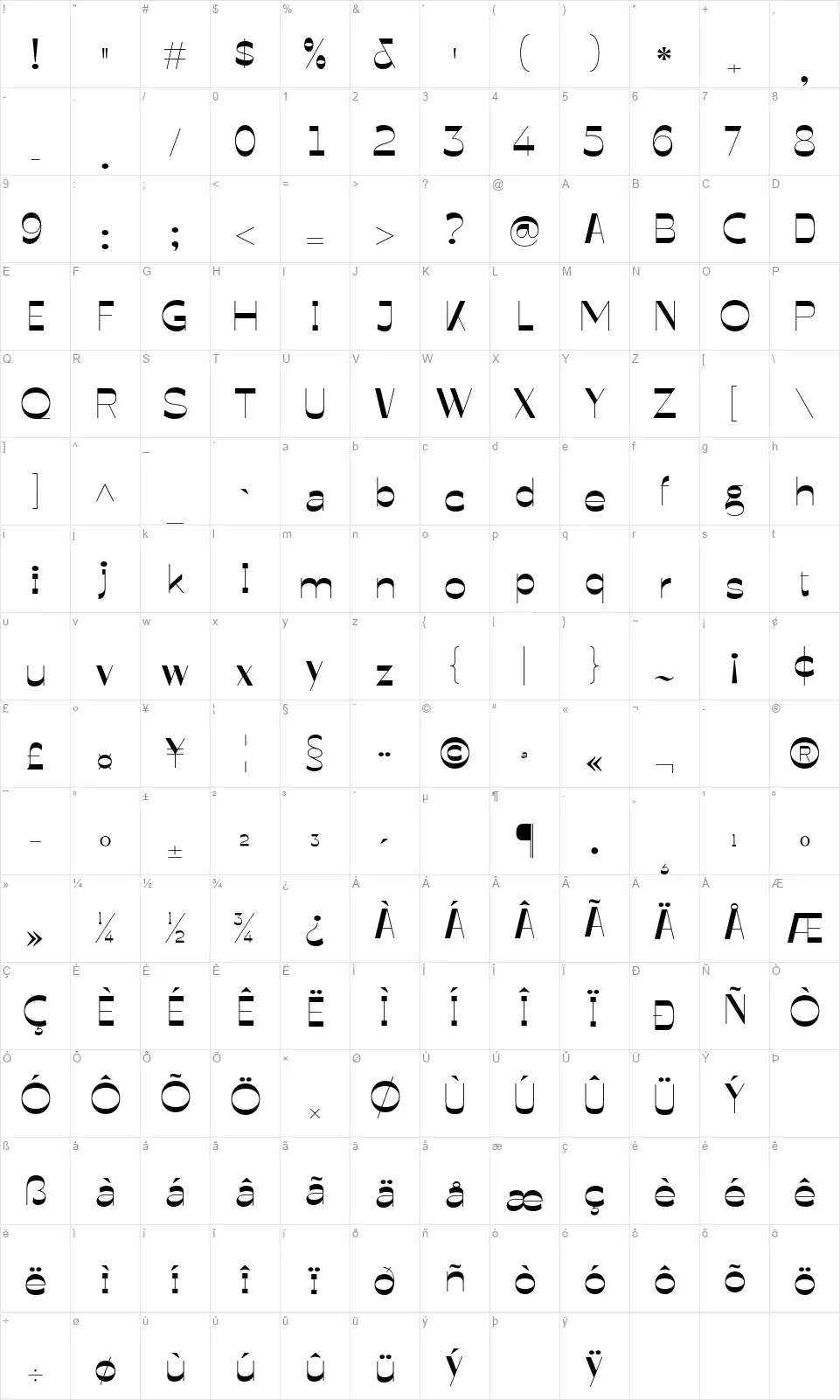 Glimpsefont character map
