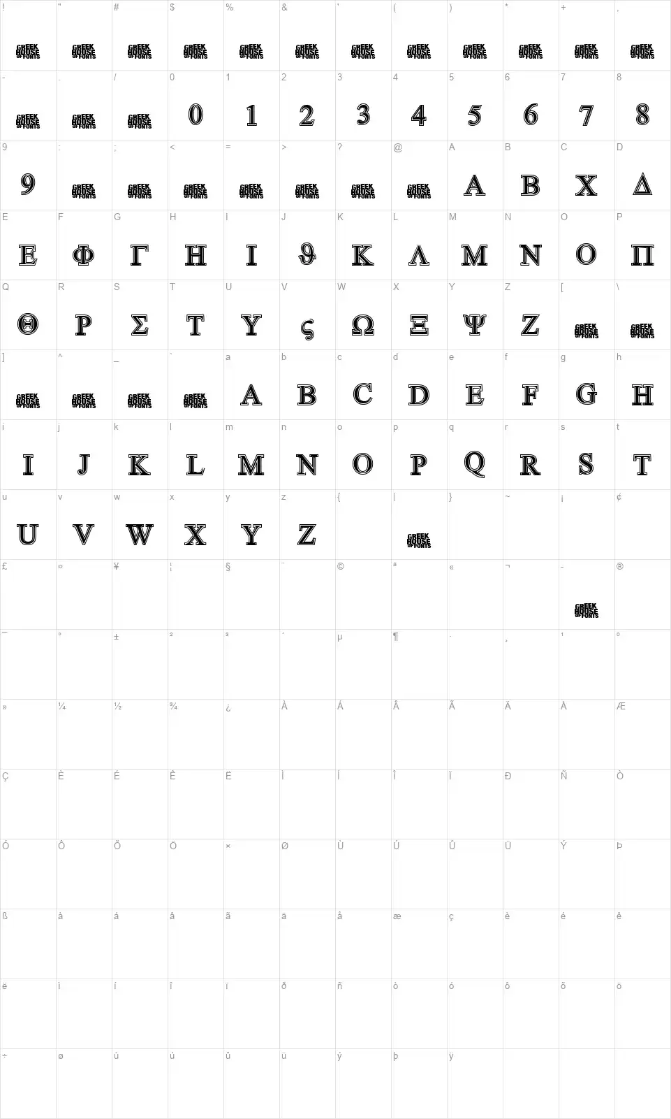 Greek House Symbolizedfont character map