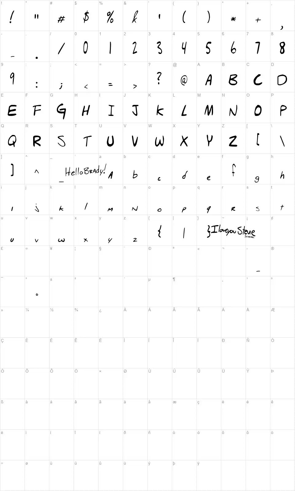 Hello Brady !font character map