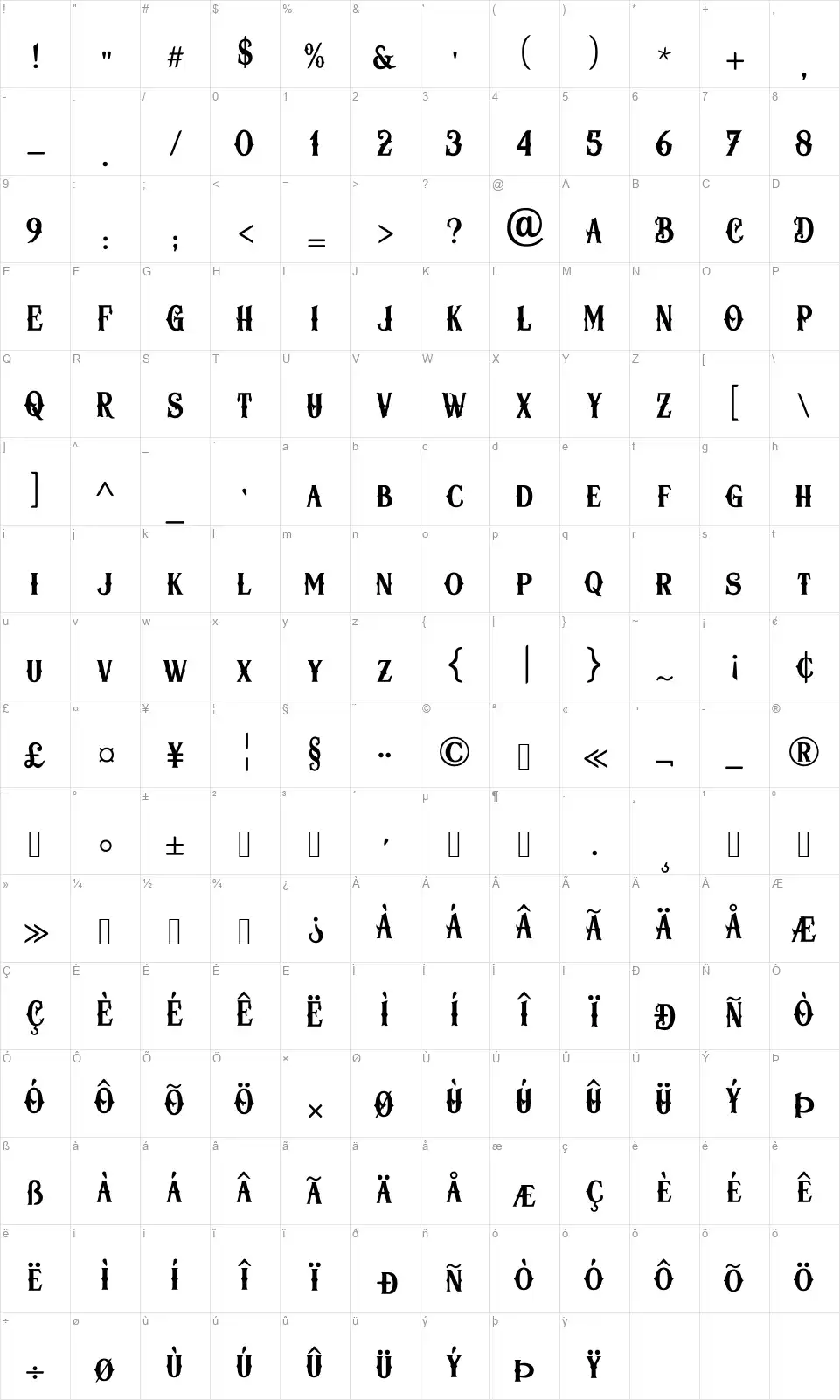 Herositafont character map