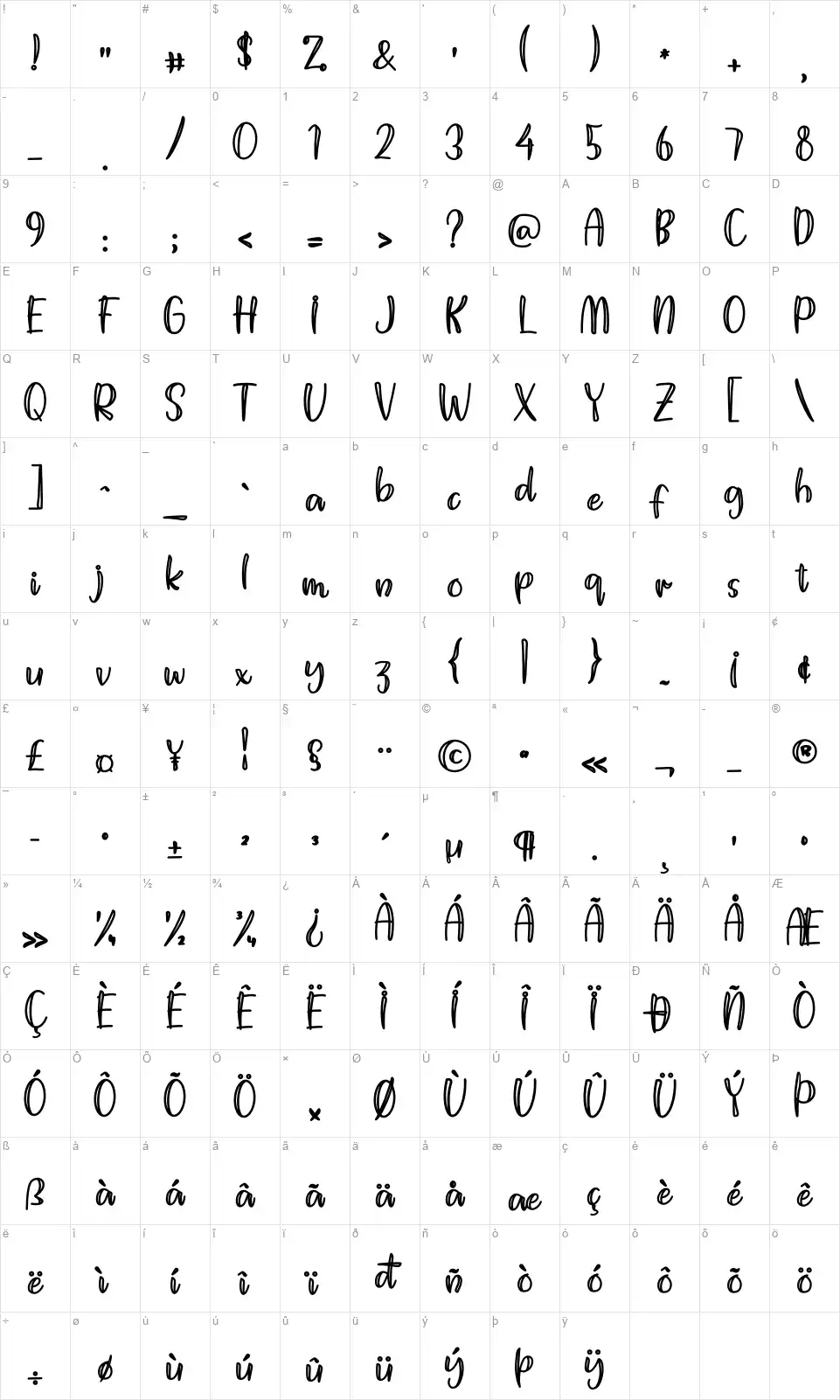 Holliday Springfont character map