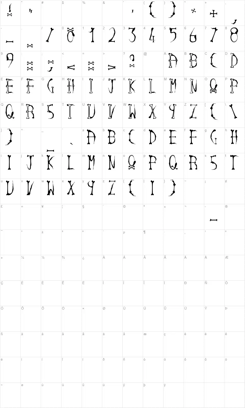 Ink And Bonesfont character map