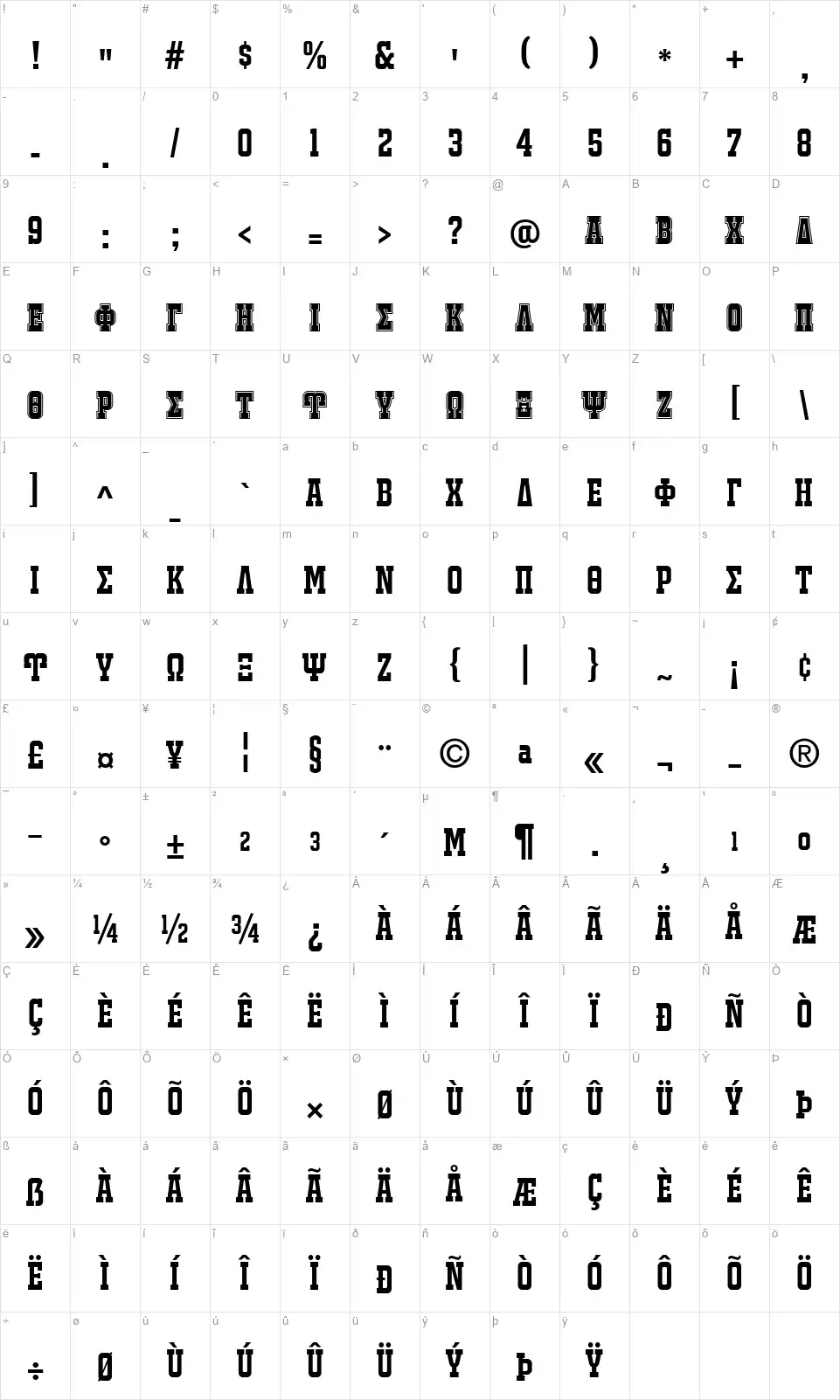 Jackport NCVfont character map
