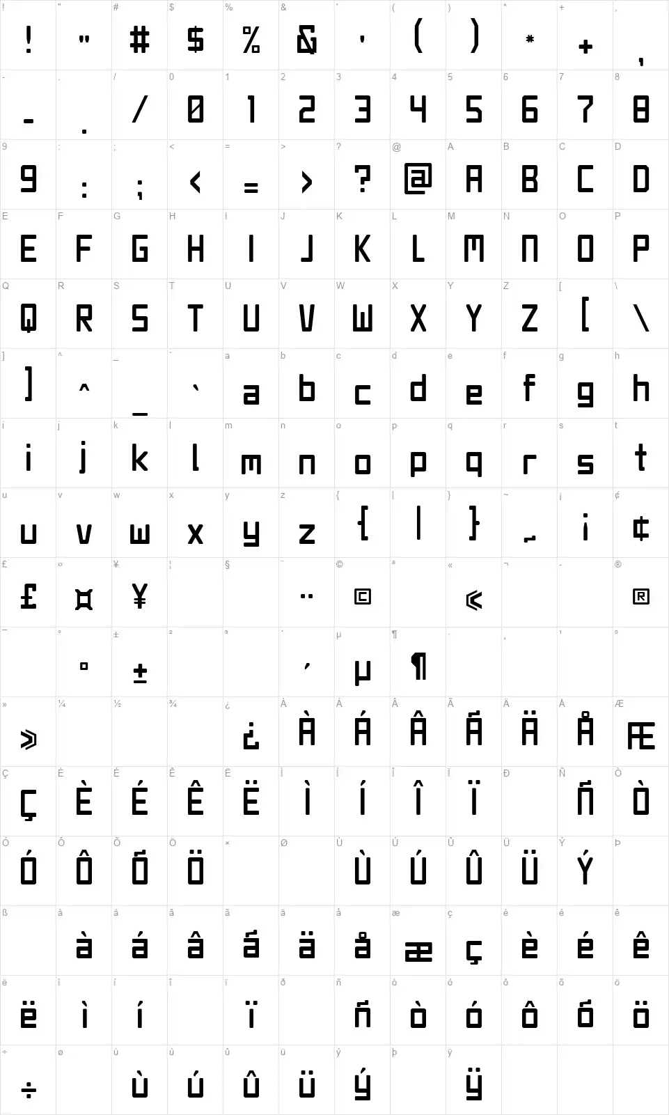 Jet Setfont character map