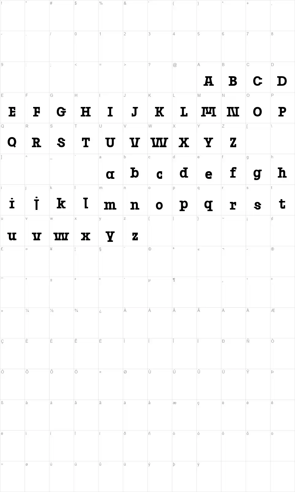 Josefovfont character map
