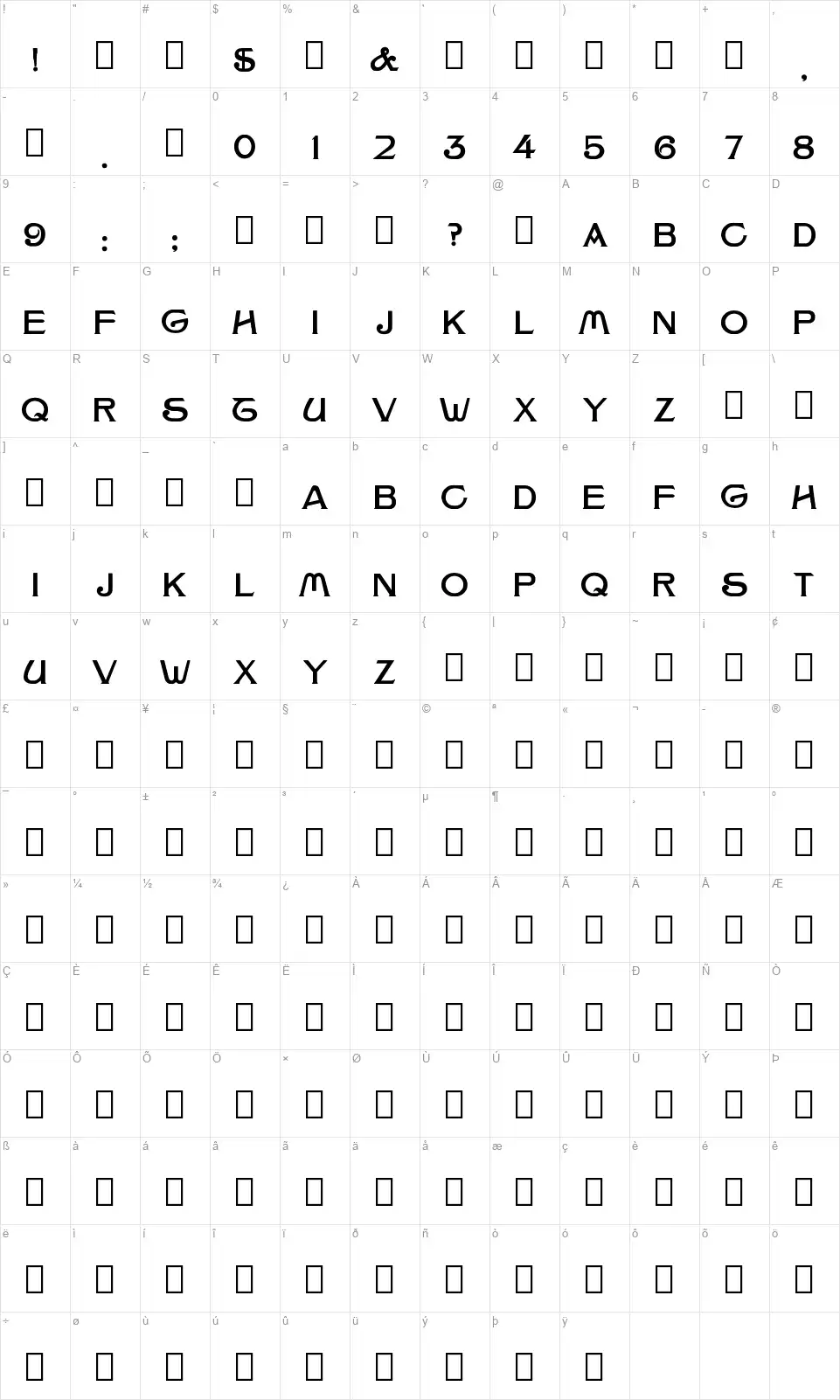 Jumbo 1887font character map