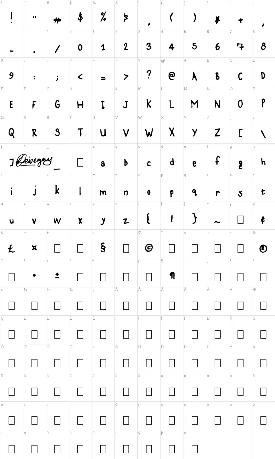 Karz 001font character map