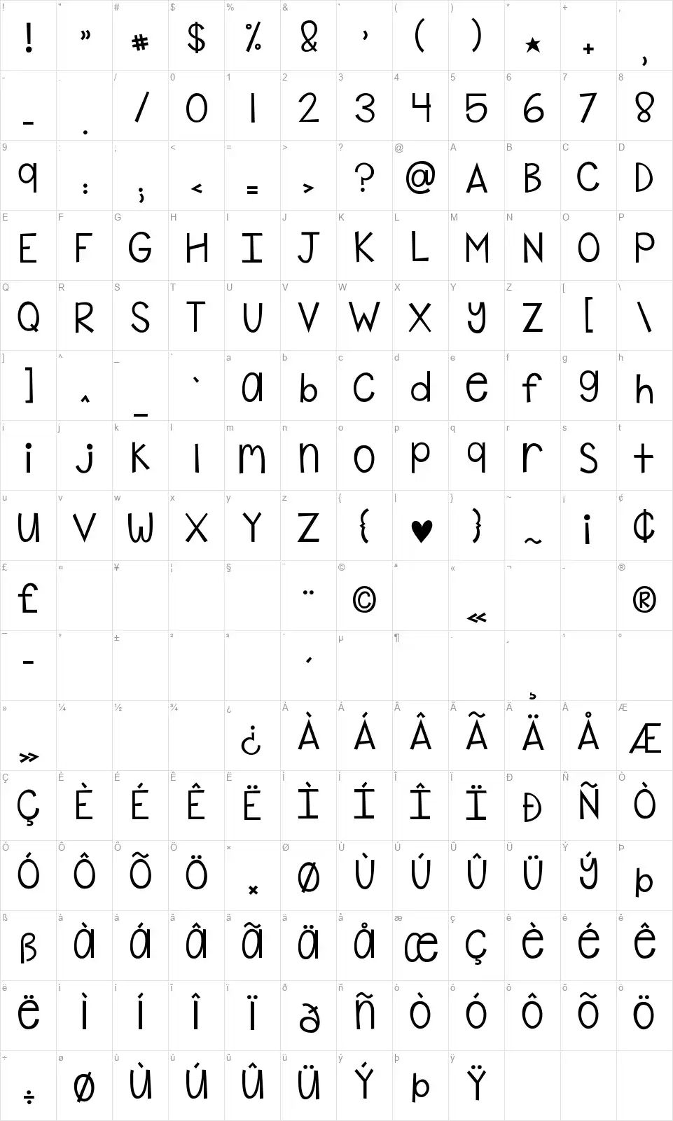 KG Shake it Offfont character map