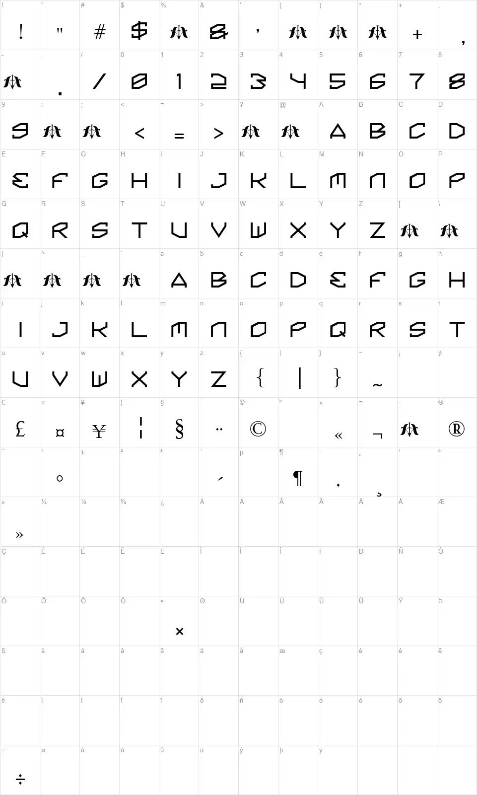 Kinine Alphafont character map