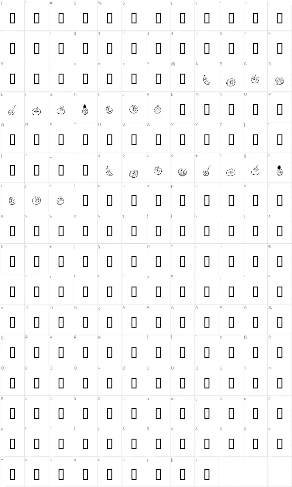 KR Happy Fruitfont character map