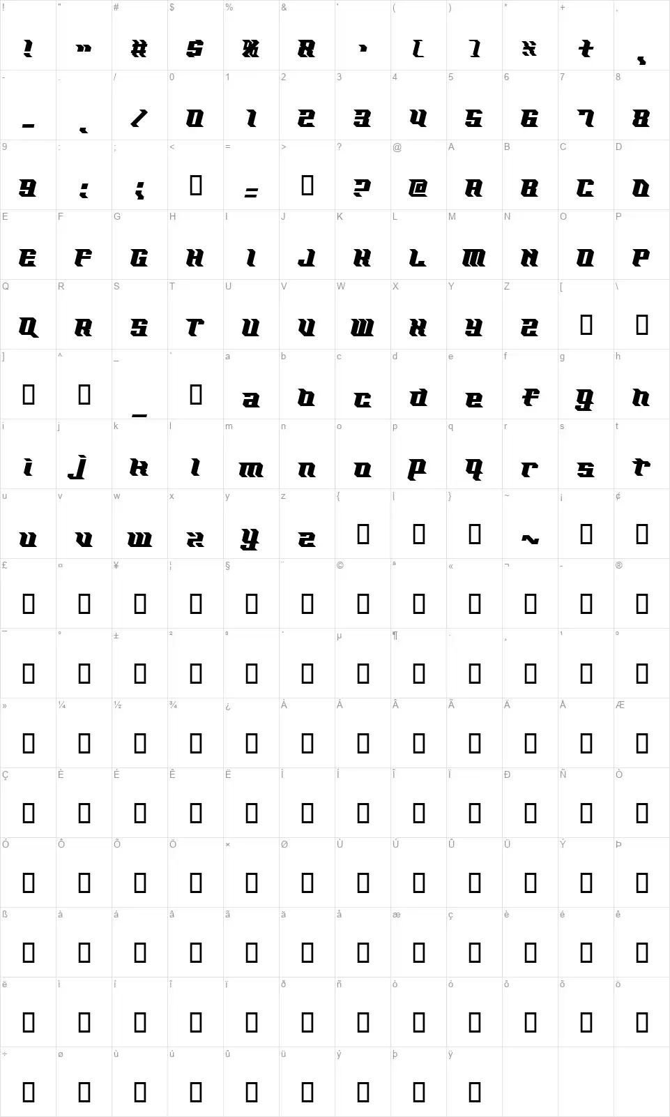 KZ Excelfont character map