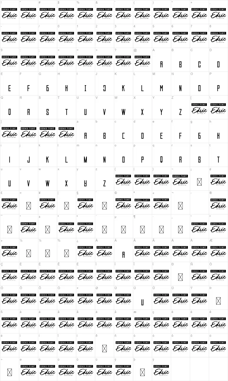 Lastbornfont character map