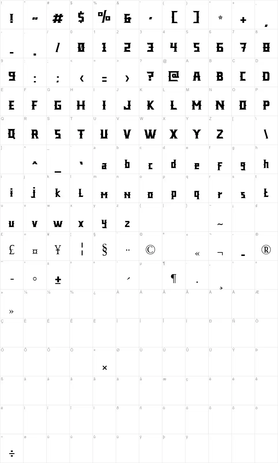 Legendfont character map