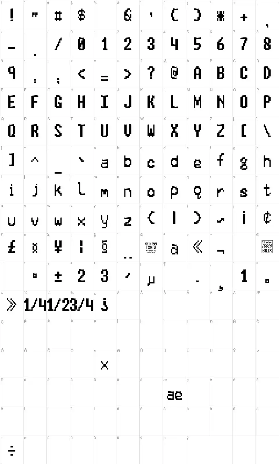 Lego Brixfont character map