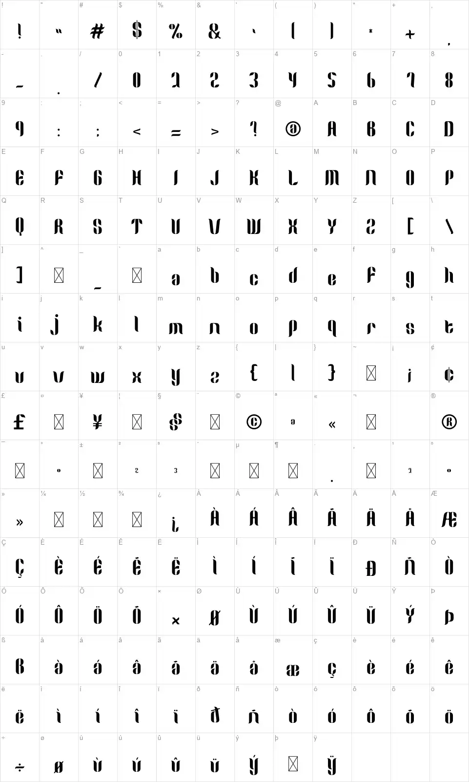 Lemongloryfont character map